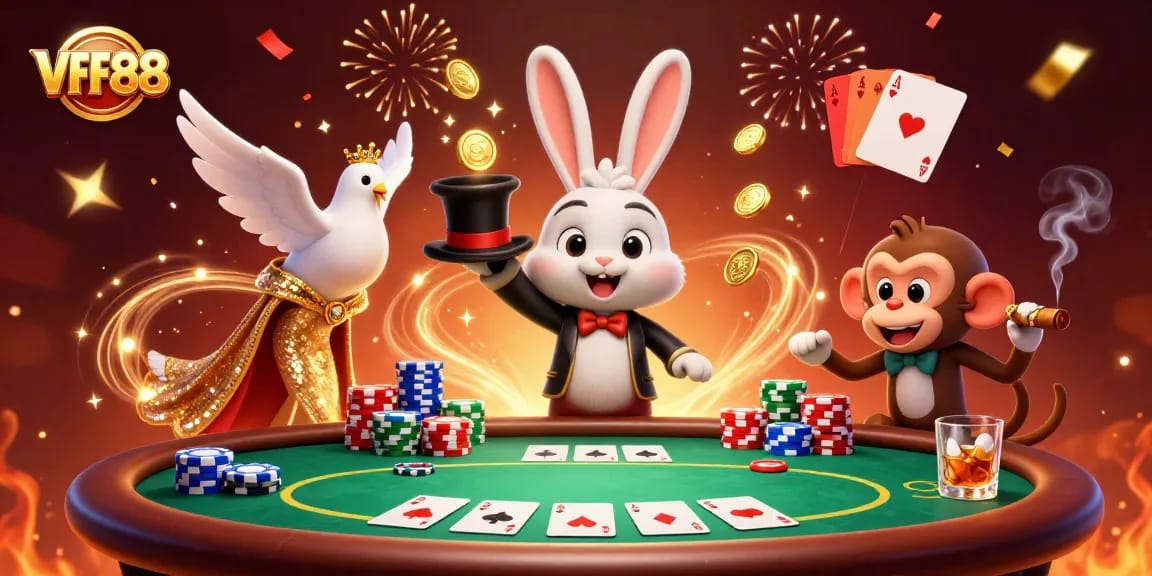 VFF88 features a dynamic scene with a magician rabbit, dove, and monkey alongside poker elements.