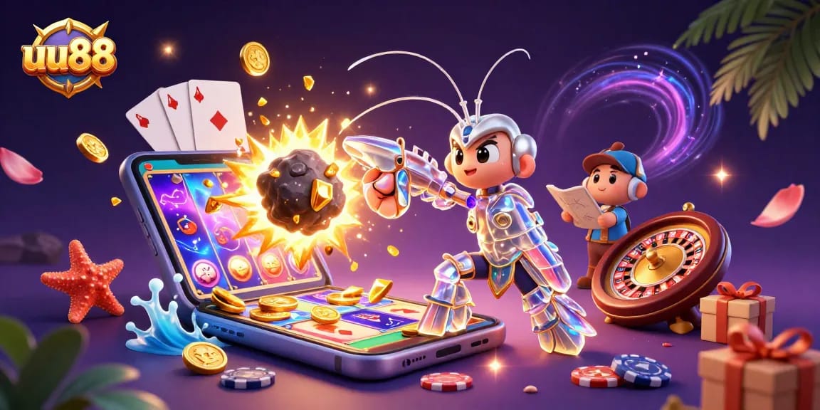 uu88 brings excitement with a galactic samurai mantis shrimp battling through asteroids amidst colorful gambling elements.