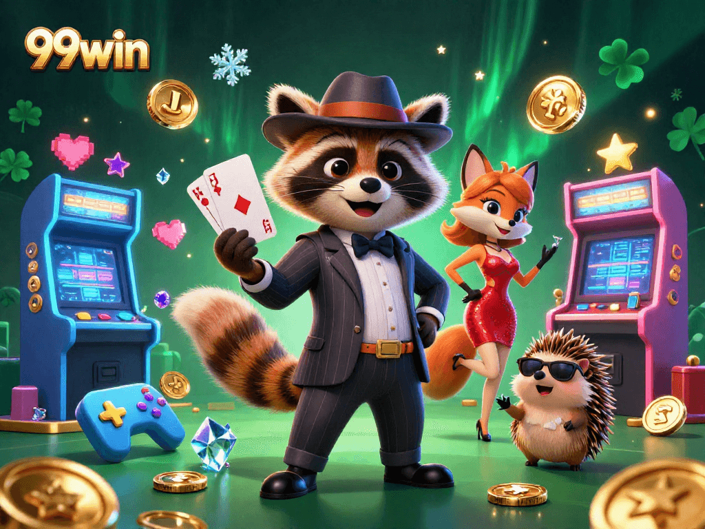 Experience thrilling gameplay at 99win with a dynamic scene of colorful characters and casino elements.