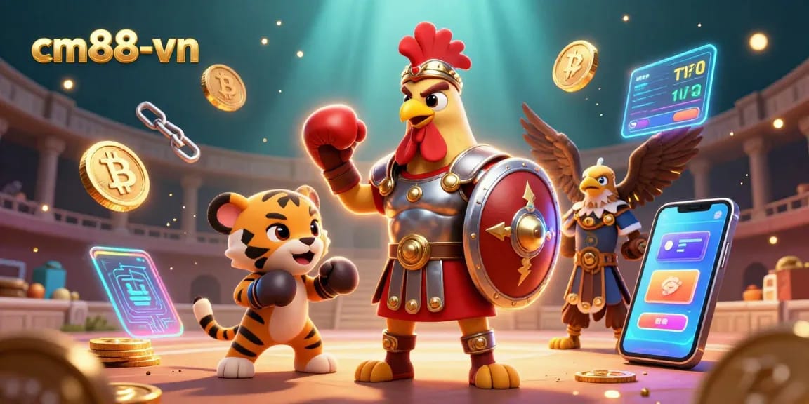 Experience gaming excitement at cm88-vn with a lively rooster and sparring tiger in a colorful casino world.