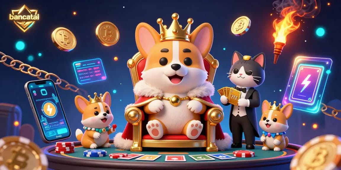Experience the excitement of bancatai with a royal corgi and crypto elements in a vibrant casino scene.
