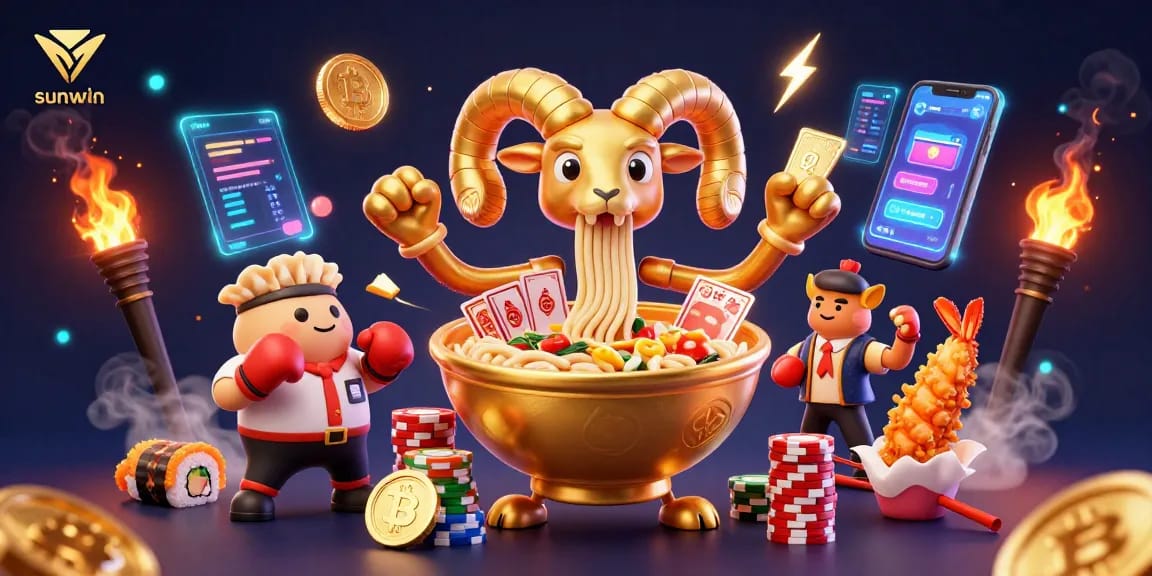 sunwin's vibrant casino scene showcases a golden ramen bowl dealing cards among crypto elements.
