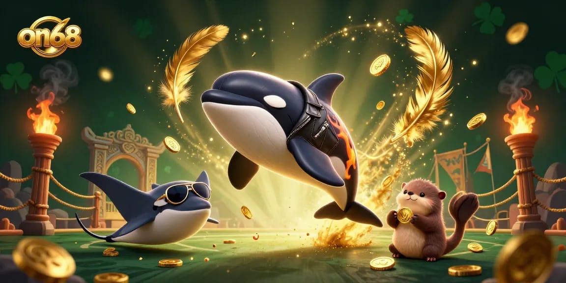 Engage with on68 as the orca whale jumps while sea creatures celebrate coins, creating a thrilling gaming scene.