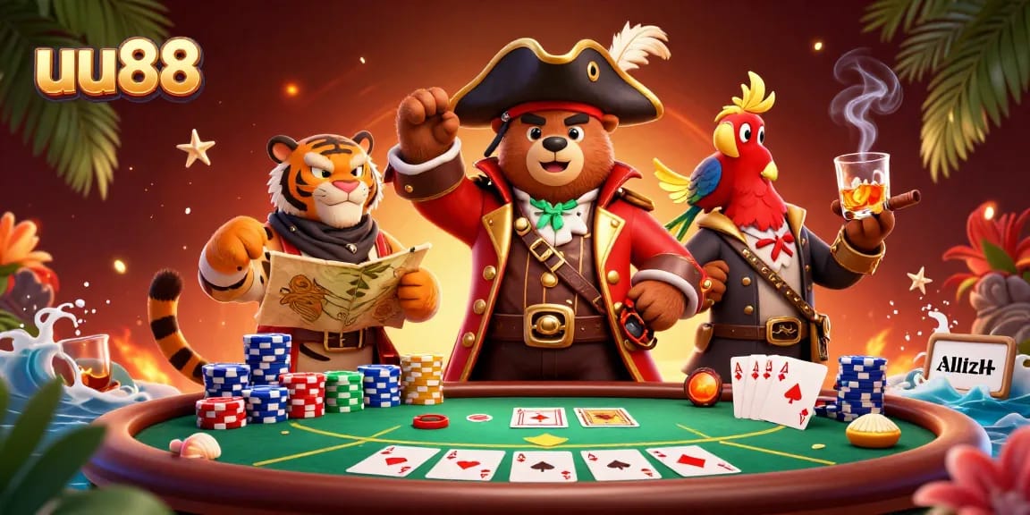 Experience thrilling poker action with uu88's vibrant cartoon scene featuring iconic characters.