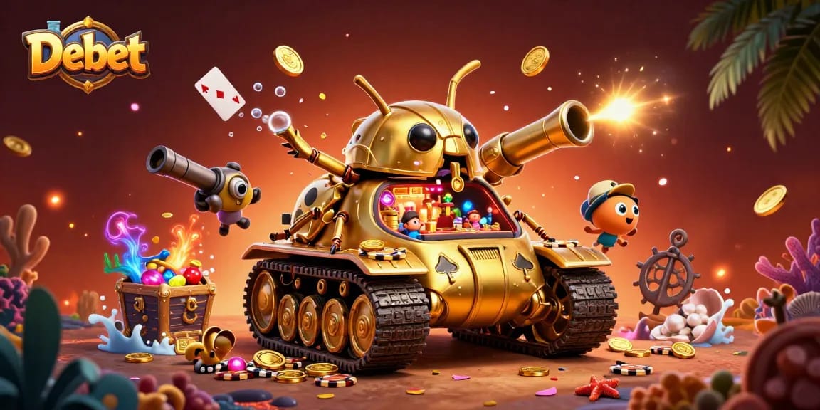 Experience thrilling gameplay with Debet, featuring a vibrant 3D cartoon casino scene bursting with action.