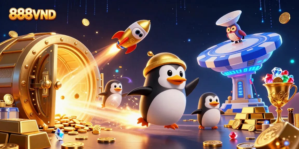 Experience the excitement of 888VND with a golden penguin in a vibrant casino universe.