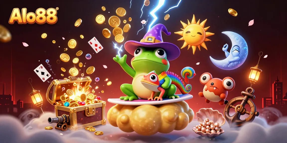 Alo88 players enjoy thrilling games with golden coins, lively characters, and an exciting casino scene.