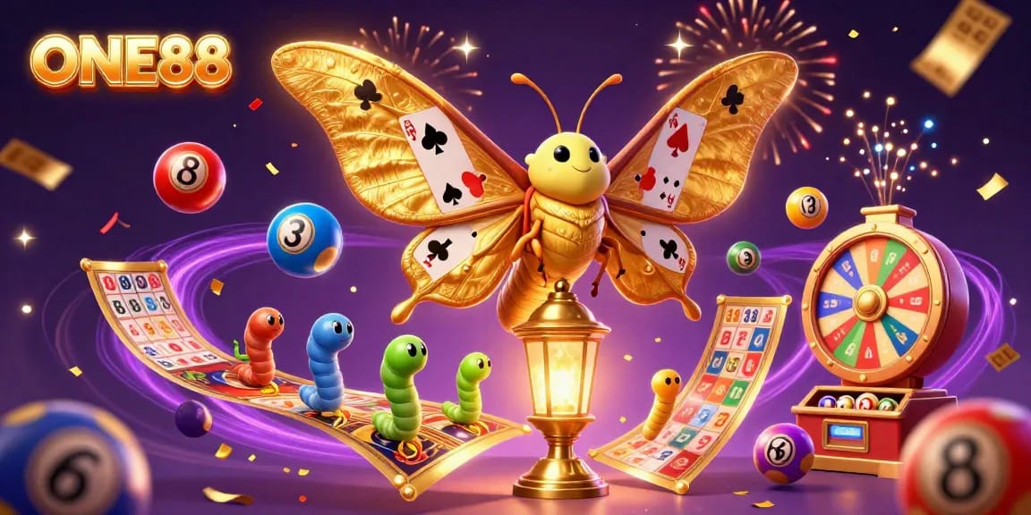 Engage in the thrilling world of ONE88, featuring a golden-winged atlas moth and colorful lottery elements.