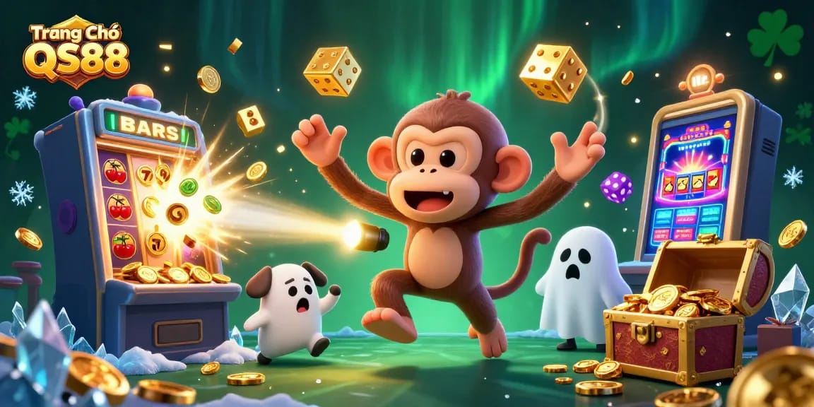 Experience the thrill of gambling at Trang Chủ QS88 with lively casino elements and a mischievous monkey!