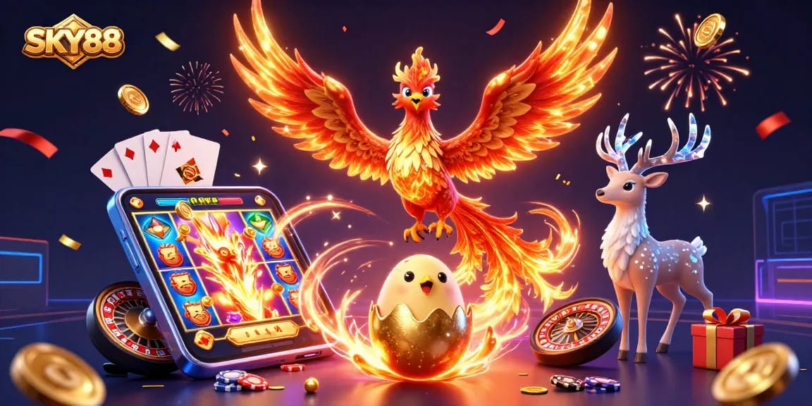 Experience SKY88 with a vibrant 3D scene featuring slots and a phoenix in a dynamic casino setting.
