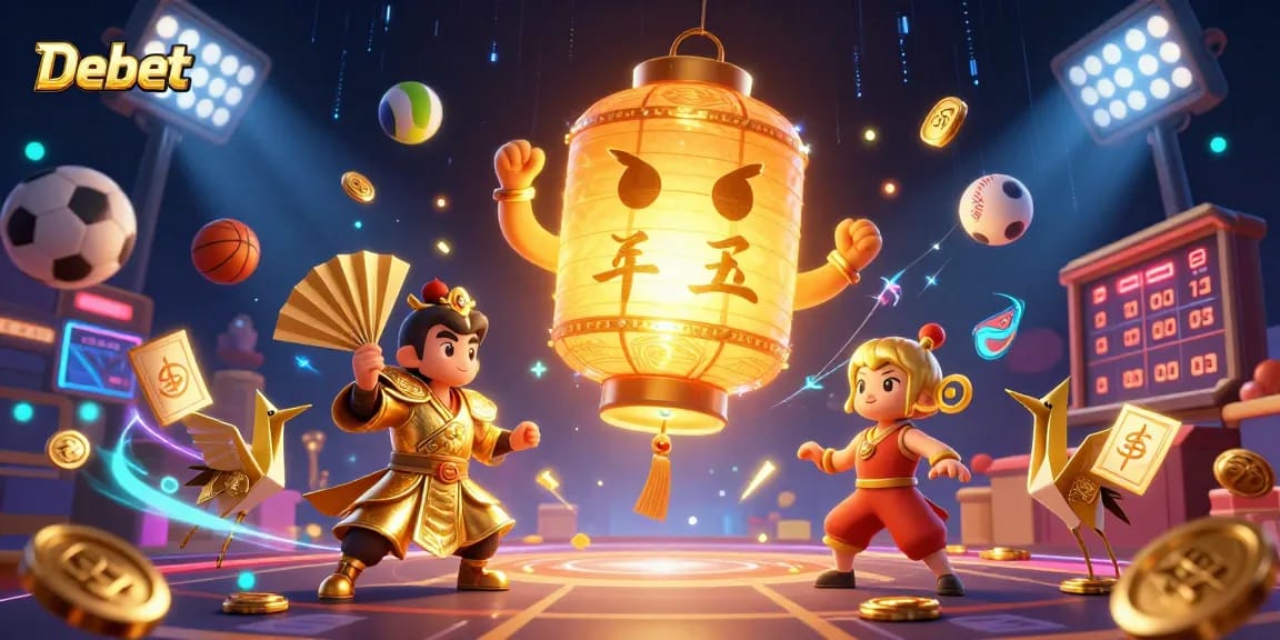 Experience the thrill of Debet with a vibrant casino scene featuring sports elements and lucky symbols.