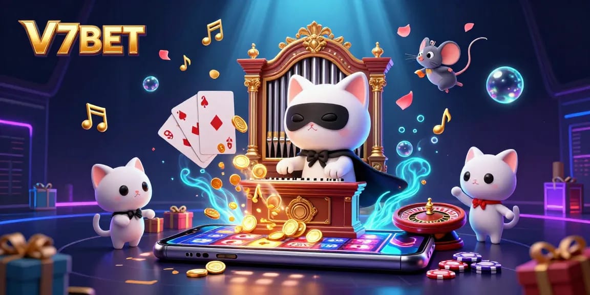 Engage with V7BET's thrilling atmosphere at the ornate casino, showcasing dynamic gaming visuals and characters.