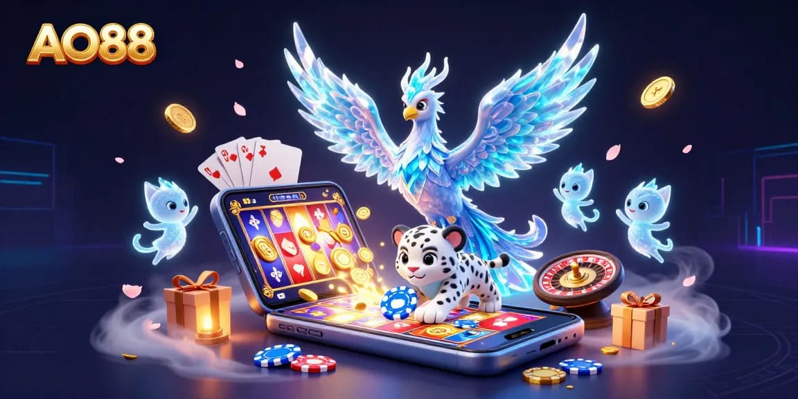 A dazzling scene with AO88 characters celebrating casino wins, featuring an ice phoenix and glowing sprites.