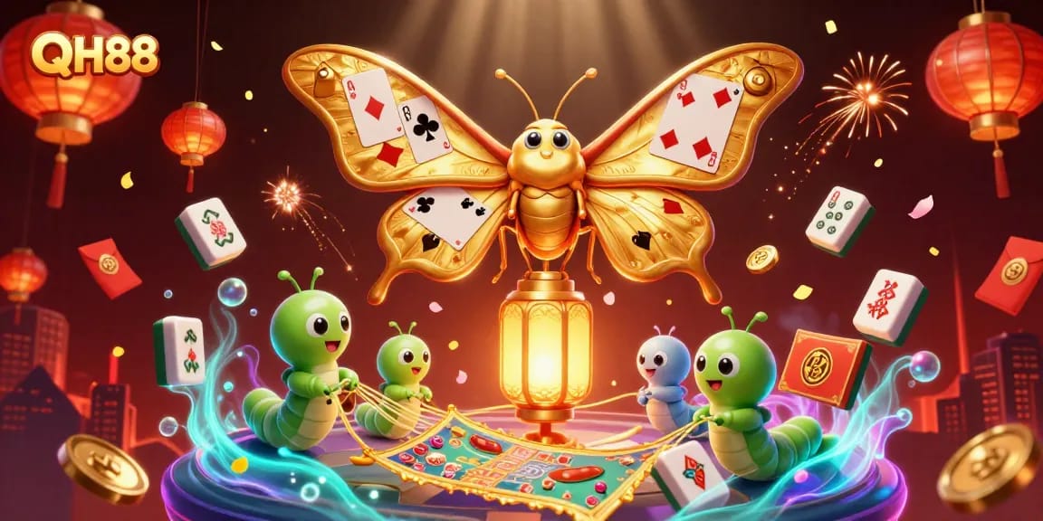 Engage with QH88's dynamic casino scenes featuring a 3D moth and golden treasures.