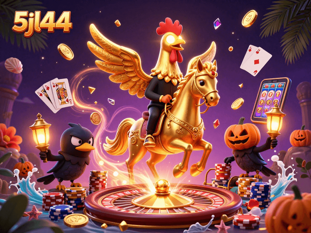 Engage with thrilling casino action in 5jl44, featuring a golden rooster and vibrant game elements.