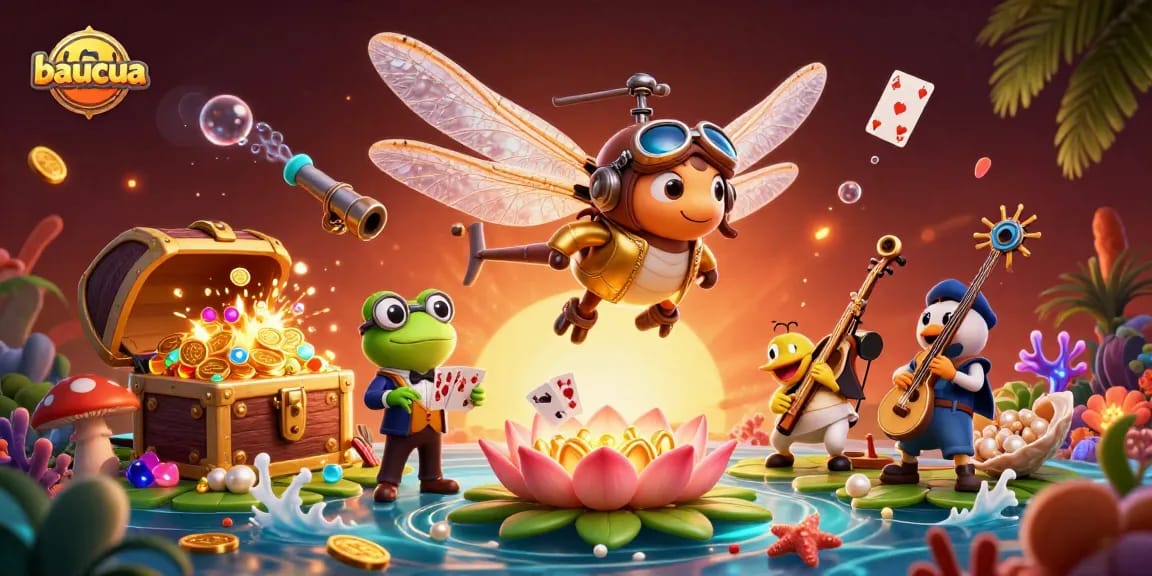Experience excitement in baucua as a dragonfly pilot oversees lively games with a frog dealer and jazz band.