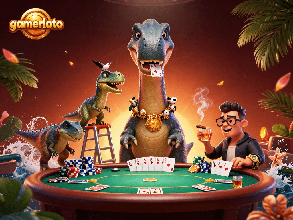 Join the action at gamerloto with a surreal 3D poker scene featuring playful dinosaurs.