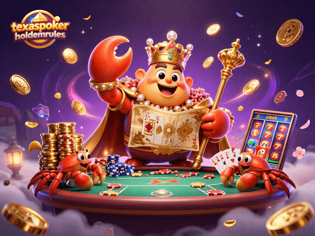 Engage in thrilling gameplay with the golden crab emperor at texaspokerholdemrules, surrounded by vibrant poker elements.