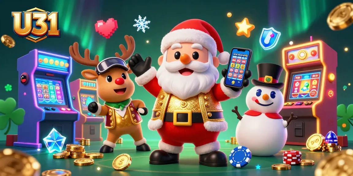 Experience the excitement of U31's jackpot slots with Santa, his reindeer dealer, and a poker chip snowman.