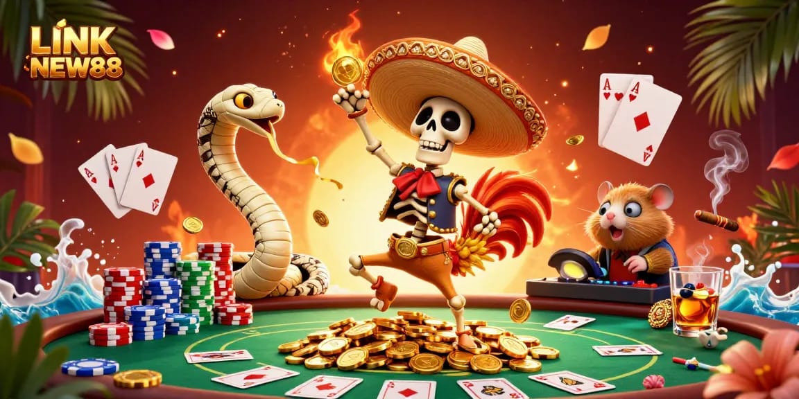 Experience the thrill of LINK NEW88 with a vibrant 3D casino scene filled with poker excitement.