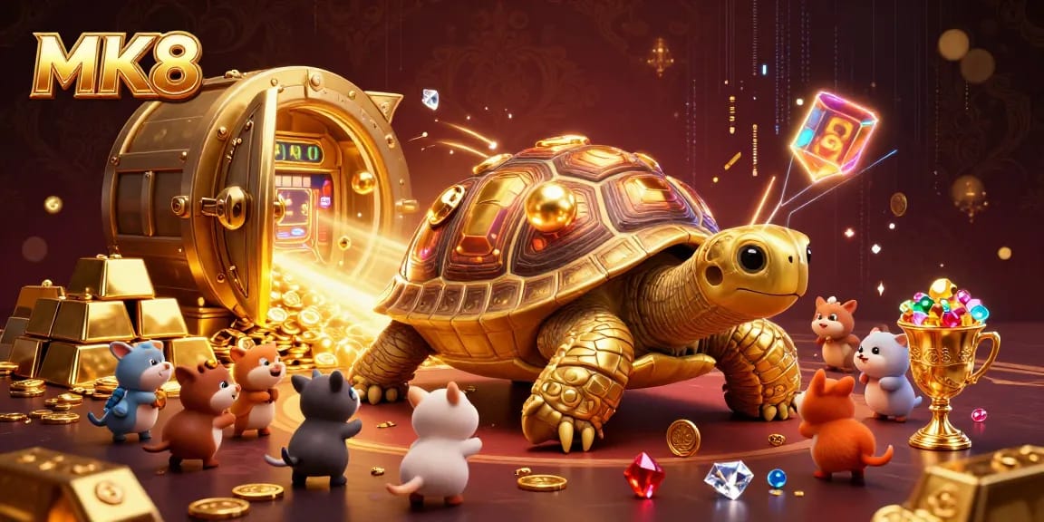 The MK8 casino scene showcases a golden tortoise pinball machine surrounded by other vibrant gambling elements.