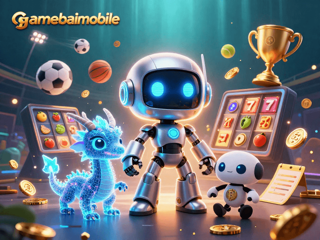 Engage with gamebaimobile's vibrant slot game scene featuring a cyberpunk robot, AI dragon, and dynamic gaming elements.