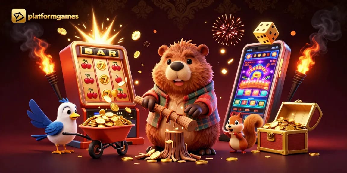 Experience thrilling gameplay at platformgames with a captivating scene of a beaver collecting golden coins.