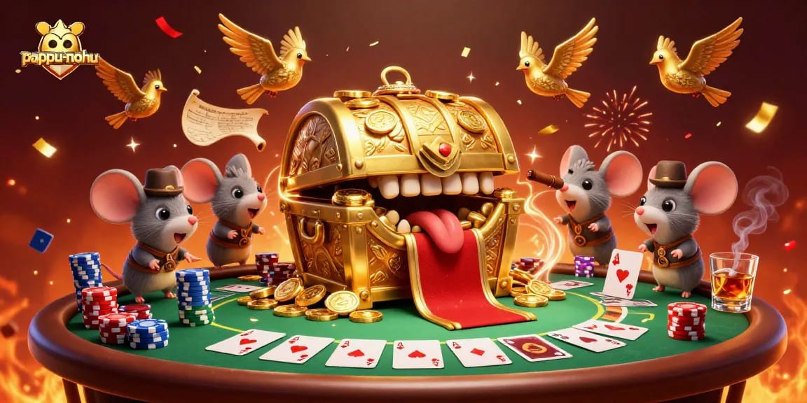 Engaging adventurer mice attracted to the pappu-nohu treasure game, surrounded by poker elements.