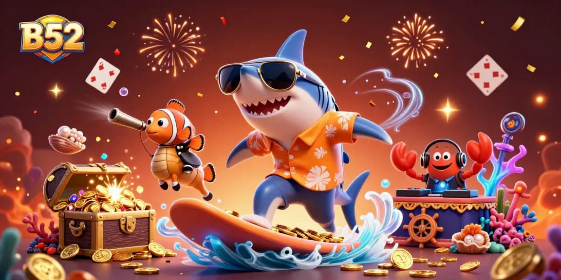 B52 Casino: Enjoy thrilling jackpot adventures with a playful shark and friends amidst gold coins.