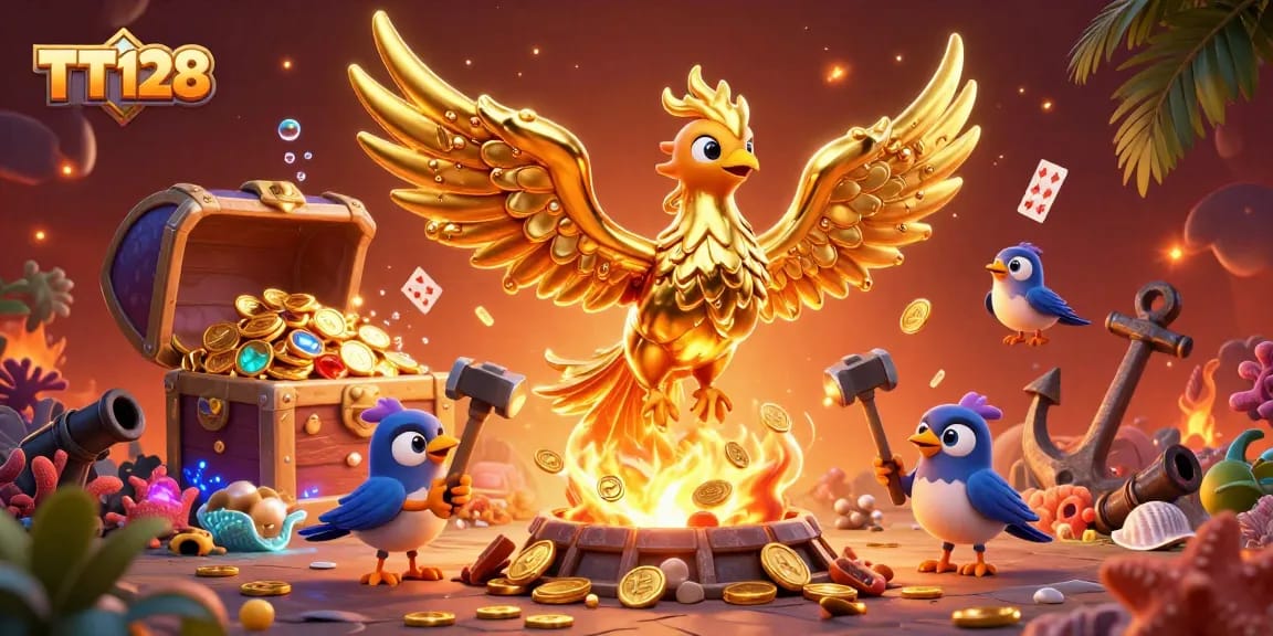 Experience TT128's thrilling phoenix-themed game scene with golden coins and vibrant gaming elements.