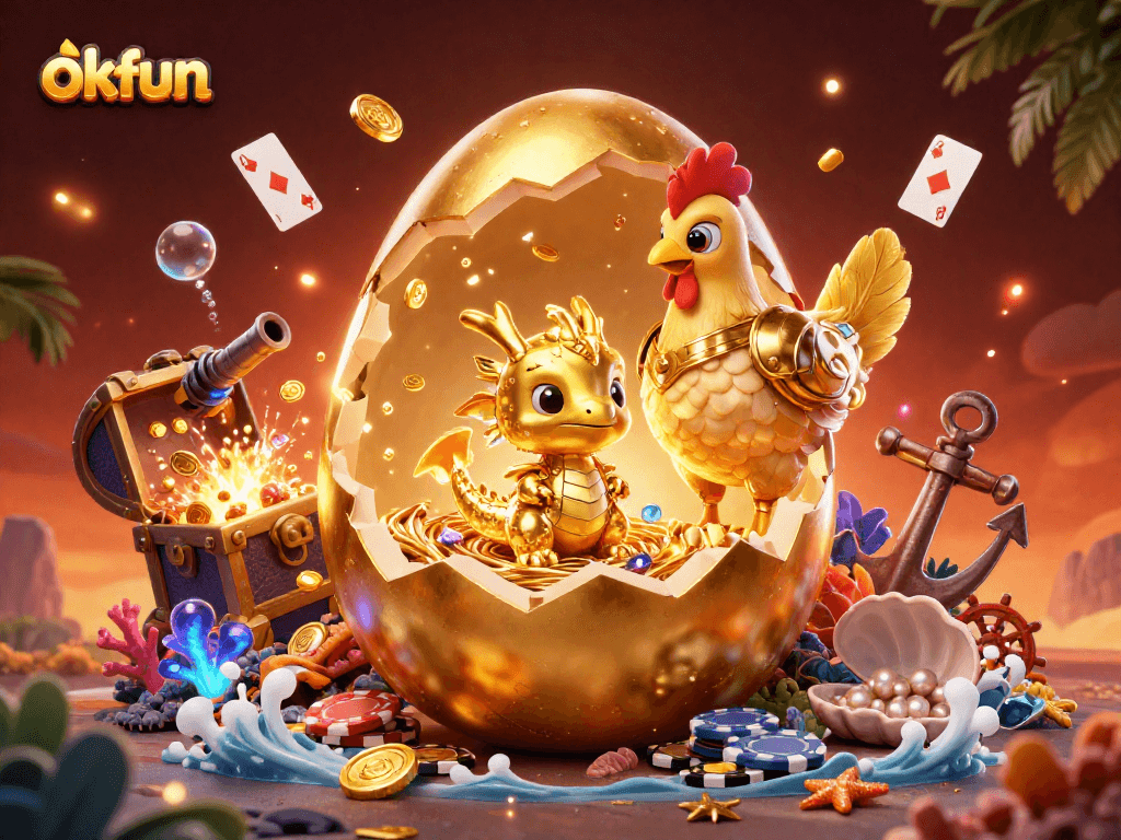 Experience thrilling gameplay at okfun with visually stunning golden treasures, poker chips, and underwater gems.