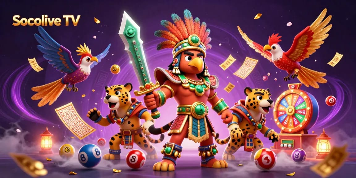Experience the thrill of Socolive TV with dynamic lottery balls and Aztec warriors in action.