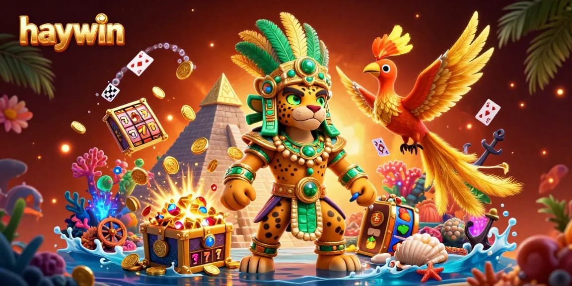 Experience excitement at Haywin with a 3D cartoon illustration of a jaguar priest and casino elements.