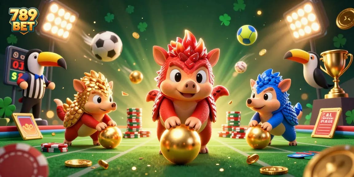 Pangolins in battle over poker chips, showcasing 789 BET with vibrant sports elements.