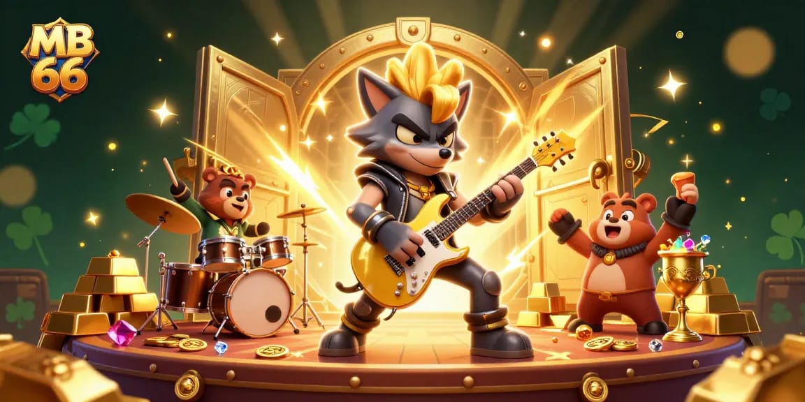 Experience the thrill of MB 66 with vibrant casino characters and a treasure-filled stage.