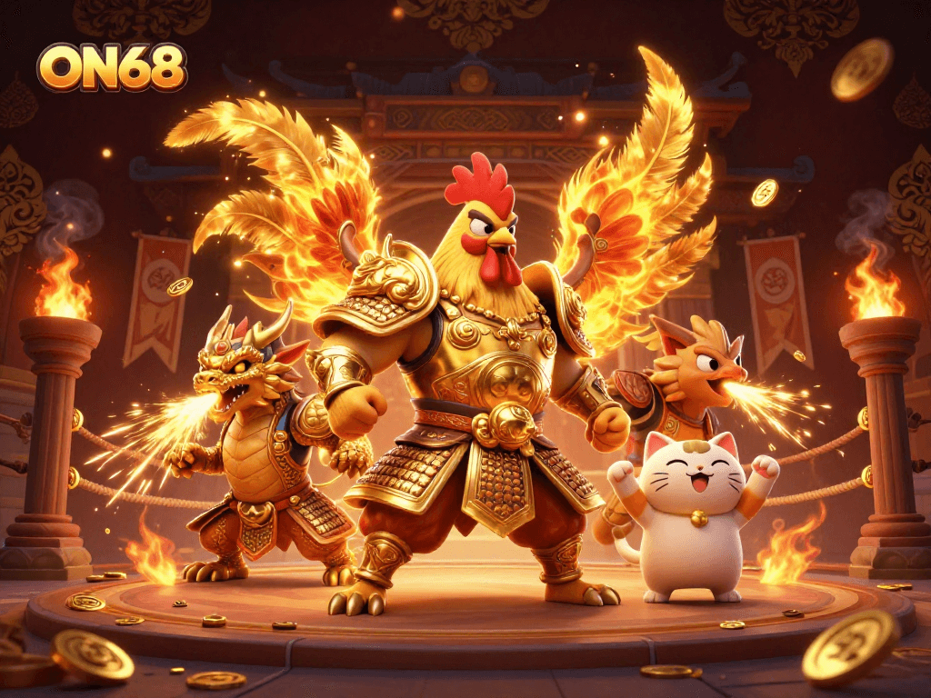Witness thrilling gameplay at ON68 with warrior rooster and dragon amidst a vibrant casino scene.