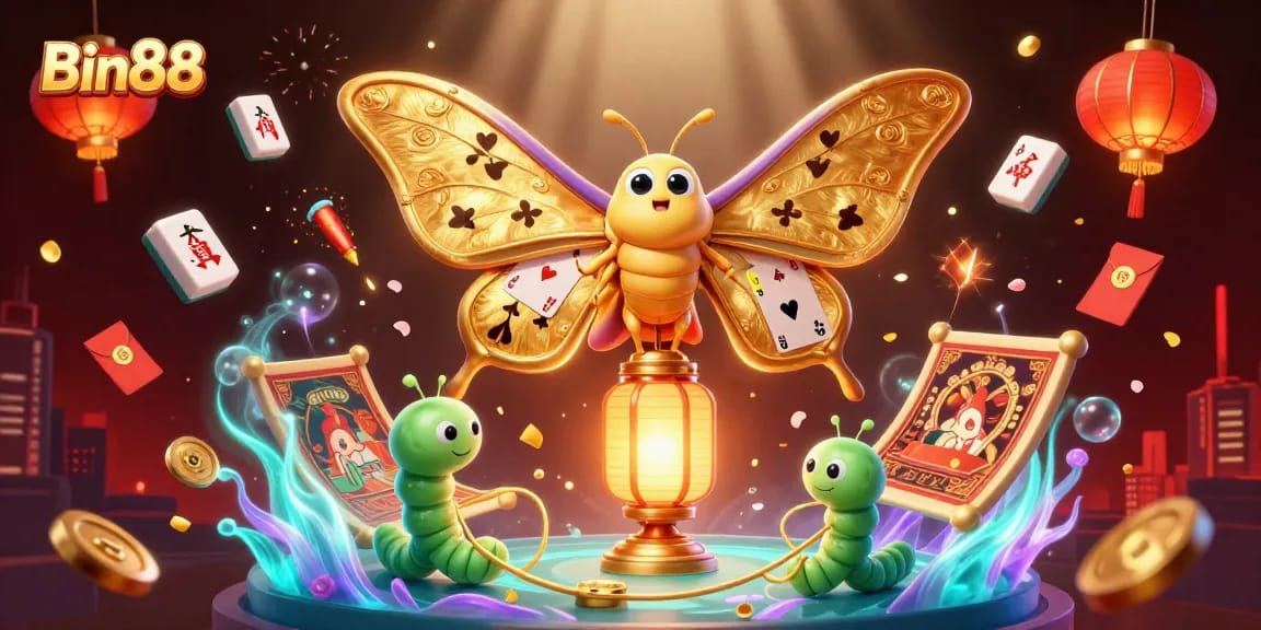 Experience the vibrant casino atmosphere with Bin88 in this dynamic 3D illustration featuring lucky symbols.