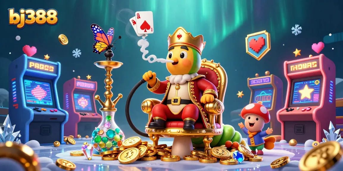 Engage with bj388's dynamic casino world, featuring cartoon sultan and poker symbols.