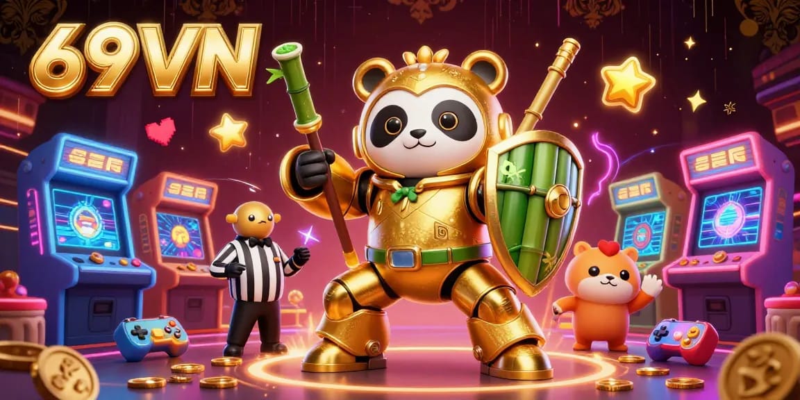 Join the excitement at 69 VN as the golden panda battles in a vibrant casino arcade arena.