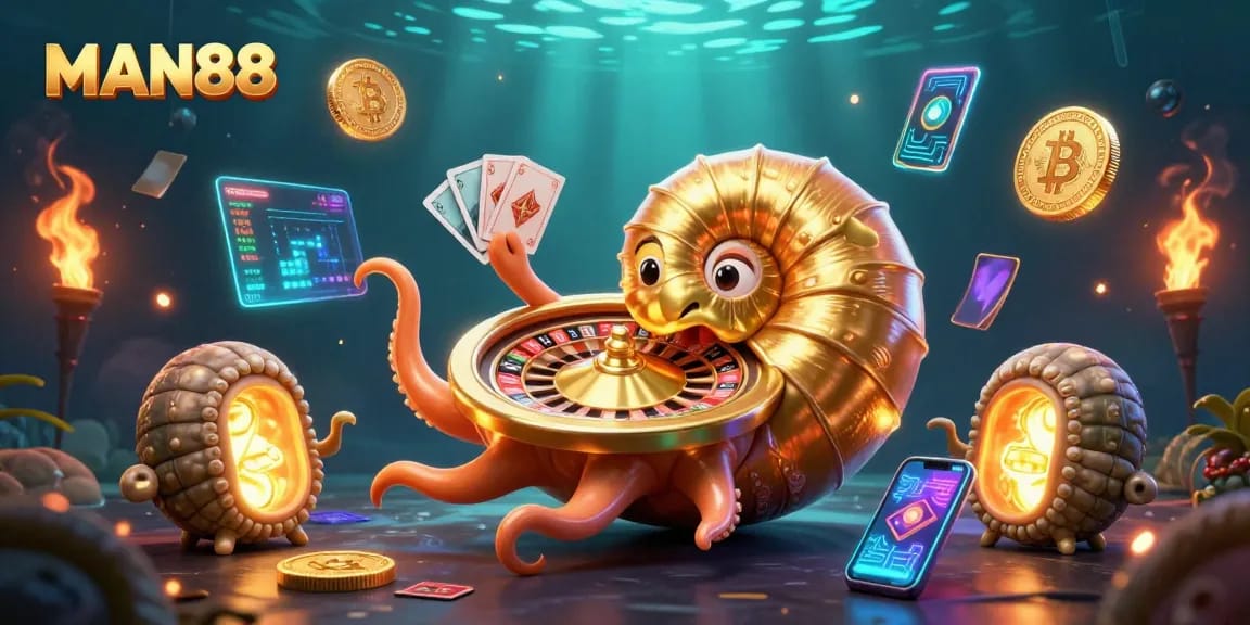 Engage with MAN88 as a giant nautilus spins the roulette wheel amidst glimmering crypto elements.