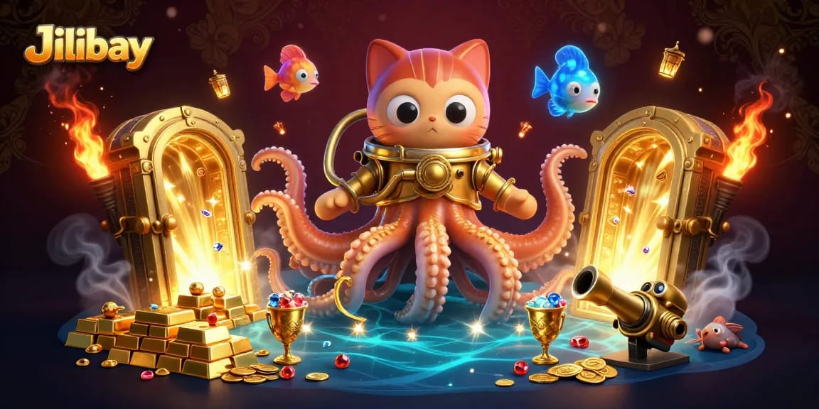 Experience thrilling gaming at Jilibay, featuring a kraken, diving cat, and deep-sea treasures.