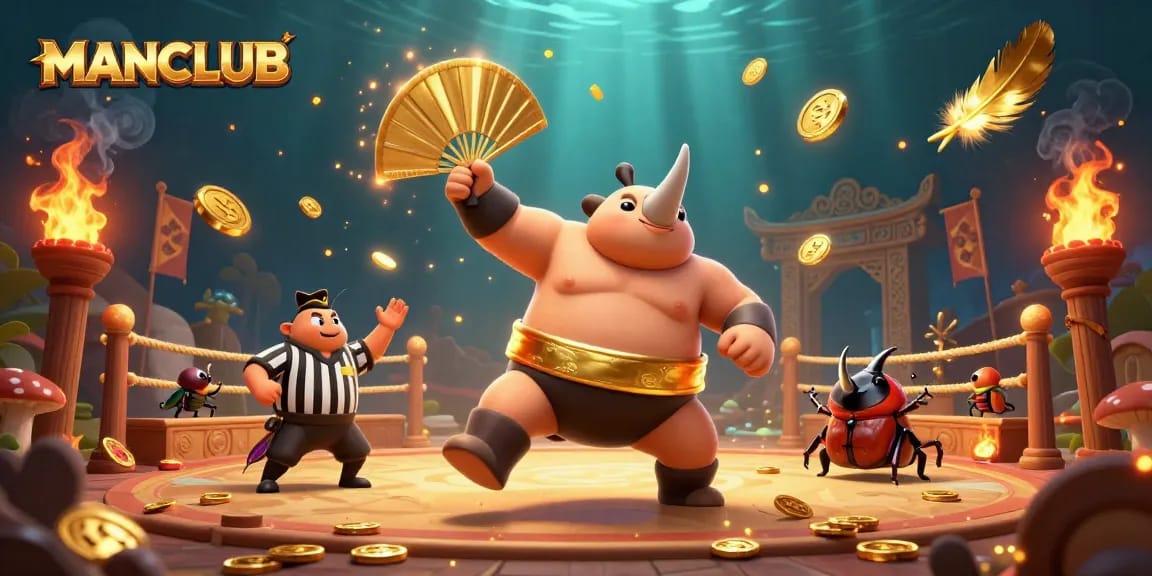Engage in thrilling gameplay at MANCLUB with the mighty beetle champion stomping gold coins!