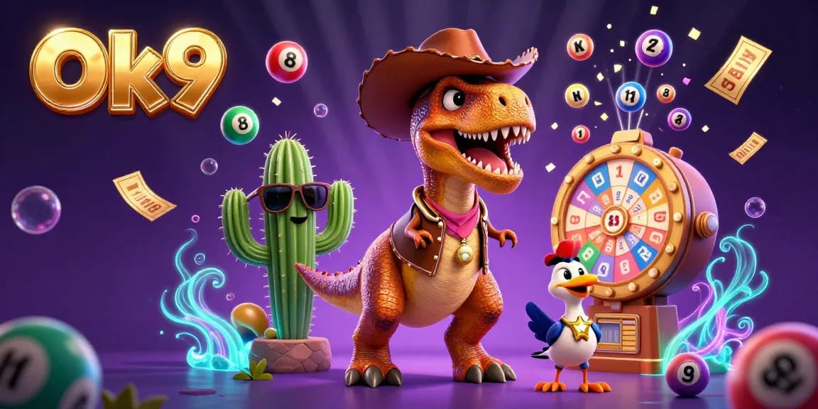 Ok9 engaging players in a vibrant gambling experience with colorful lottery elements and fun characters.