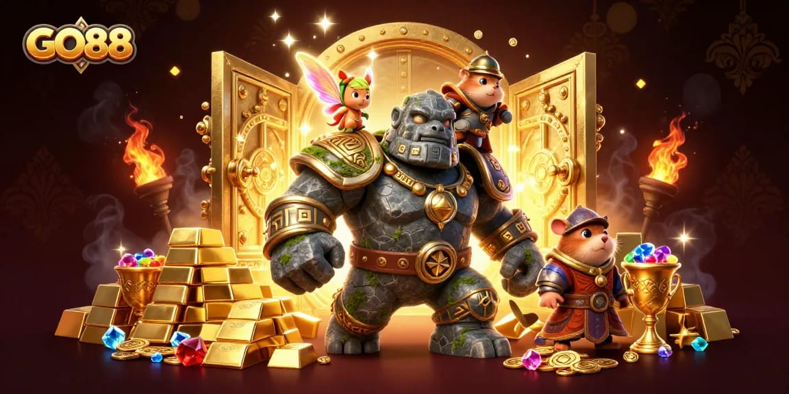 GO88 stands out with a vibrant 3D scene featuring an ancient golem guardian, magic, and jackpot treasures.