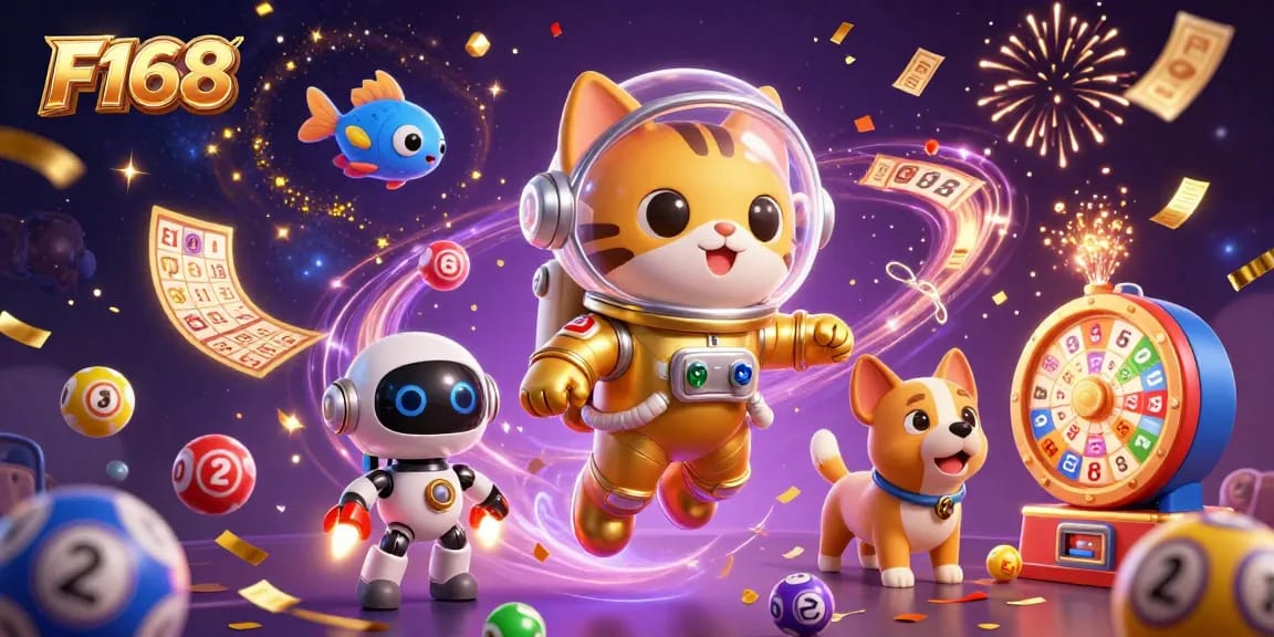 Experience the excitement of F168 with a vibrant casino-themed cosmic illustration full of dynamic game elements.