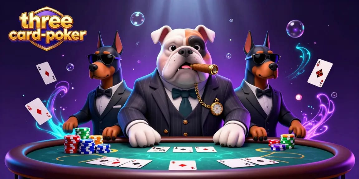 Experience three-card-poker excitement with vibrant cards, chips, and energetic characters.