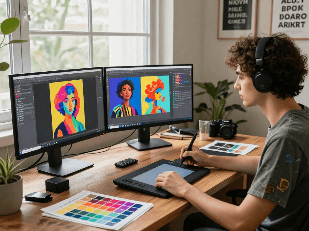 Artist using nsfw ai tools in a vibrant workspace creating digital art.
