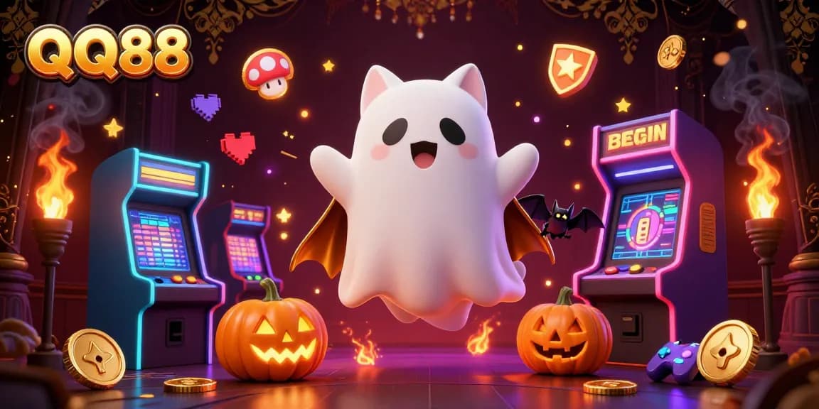 Engage with QQ88's thrilling casino atmosphere featuring a friendly ghost cat and golden-bat adventure.