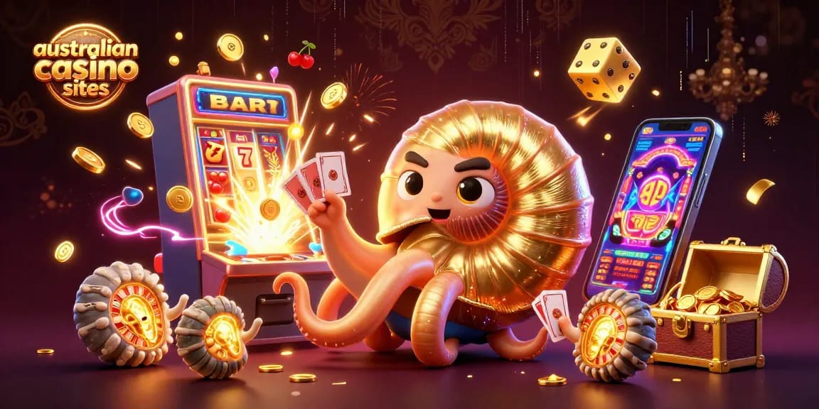 Experience the excitement of australian casino sites with a vibrant slot-themed 3D illustration.