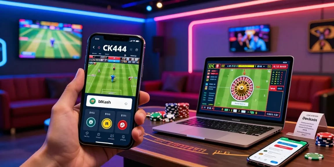 Experience CK444 online gambling with a dynamic setup on smartphone and laptop, showcasing sports betting and live casino excitement.